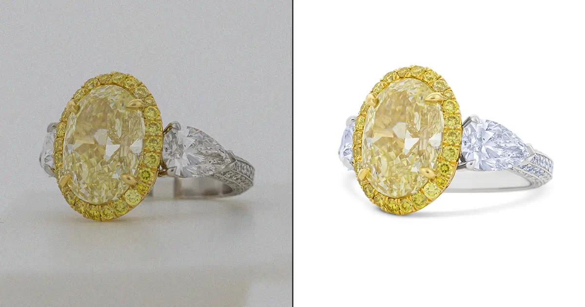 showing a yellow diamond ring improved with brightened gemstones