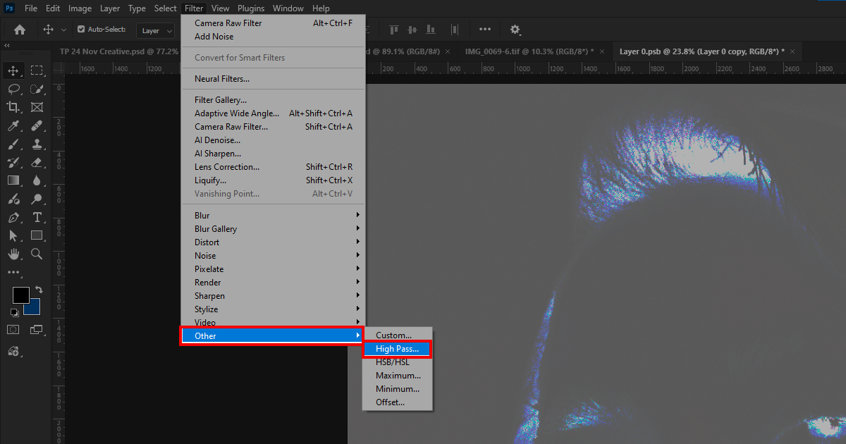 Photoshop menu showing Filter > Other > High Pass selected